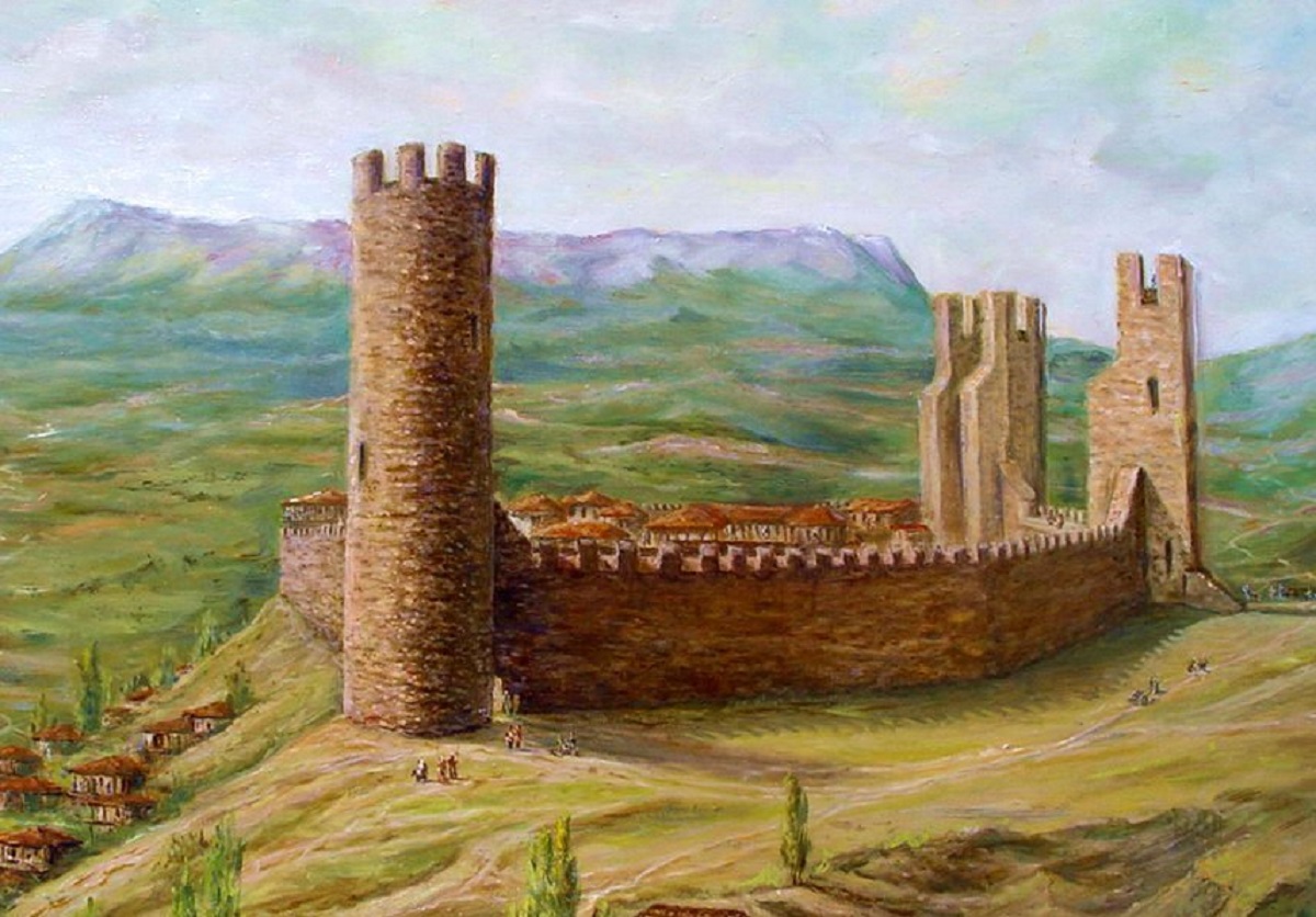 Крым 10 век. Крепость Алустон в Алуште. Генуэзская крепость Алушта. Генуэзская башня в Алуште. Генуэзская крепость реконструкция.